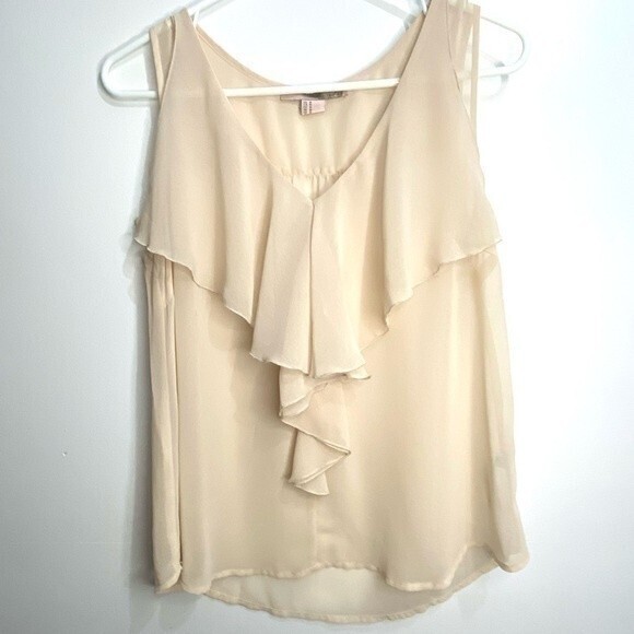 Forever 21 M cream semi sheer ruffled sleeveless blouse tank 167B7 - Picture 1 of 9
